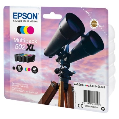 Embalagem multipack tinta Epson 502 XL com seis tinteiros e imagem de telescópios sobre tripé ao pôr-do-sol.