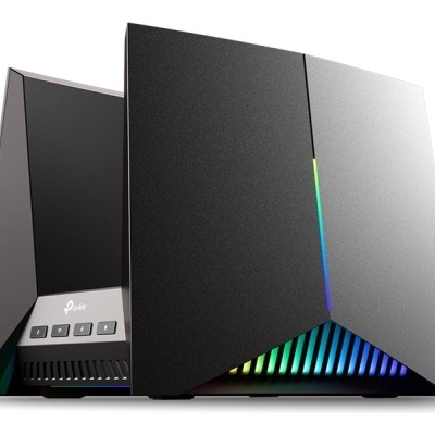 Roteador TP-Link preto com luzes LED coloridas e design angular