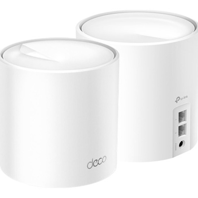 Dois dispositivos brancos TP-Link Deco cilíndricos com portas LAN e WAN