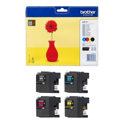Pack de tinteiros Brother LC121 quatro cores embalagem amarela e azul