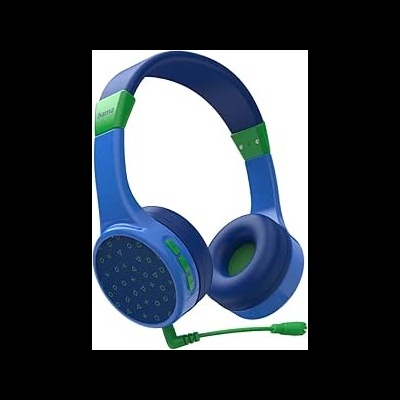 Auriculares azuis com detalhes verdes e símbolos na superfície exterior.