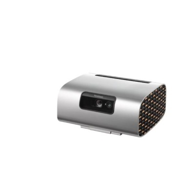 Projetor portátil cinza metálico com lentes frontais e laterais texturizadas