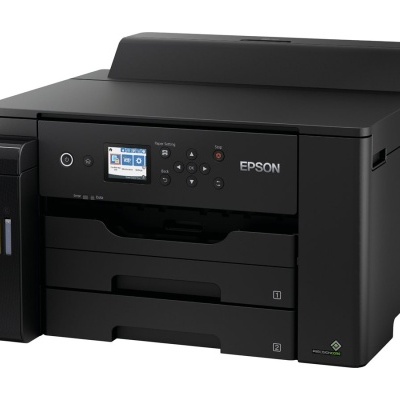 Impressora multifuncional preta Epson com visor digital e tinteiros externos