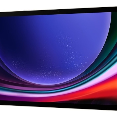 Tablet prateado com ecrã colorido e moldura preta