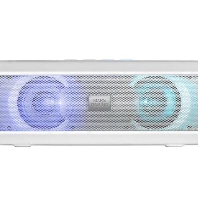 Coluna de som portátil branca com iluminação azul e ciano