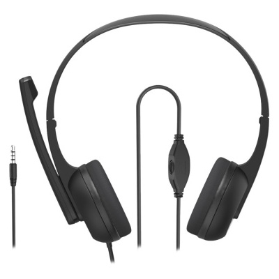 Headset preto com microfone e controlo de volume