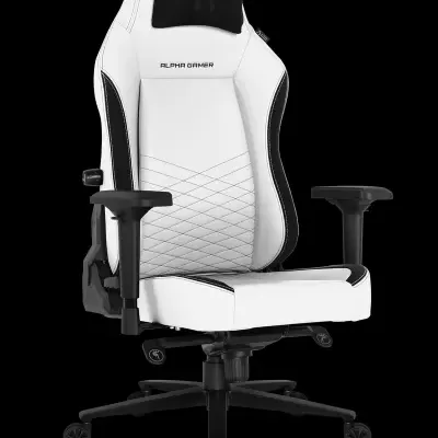 Cadeira gamer branca e preta com apoio de cabeça e rodízios