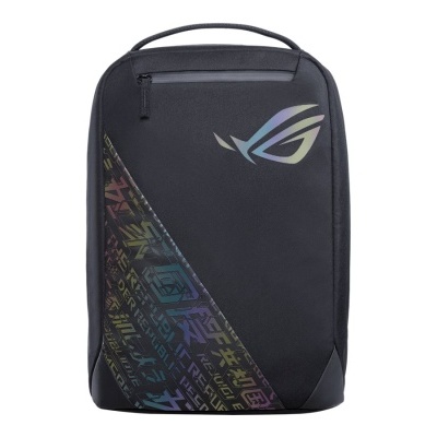 Mochila preta com padrão colorido e logo ROG holográfico