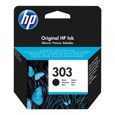 Embalagem de tinta HP 303 preta com design de borboletas azuis.