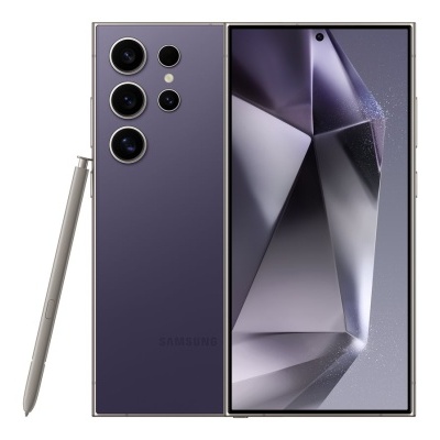 Smartphone Samsung roxo com caneta stylus prateada e múltiplas câmaras