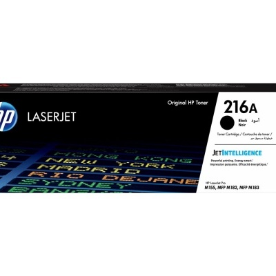 Cartucho toner HP LaserJet preto 216A em embalagem preta com texto e padrão colorido