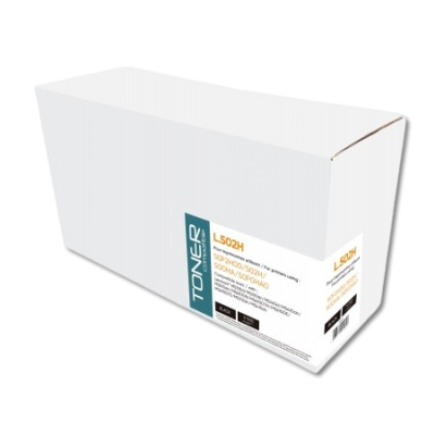 Caixa branca de toner com etiqueta branca contendo texto e gráficos em azul.