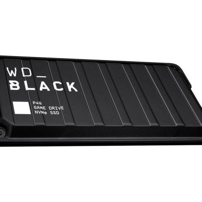 Disco externo WD_BLACK preto com texto e acabamento metálico