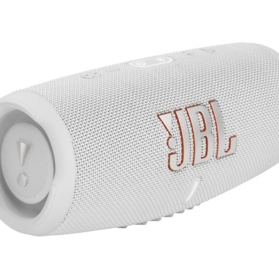 Coluna portátil JBL branca com textura de malha e logótipo visível