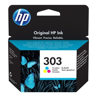 Caixa de tinta HP 303 tri-color com design preto, azul e branco e borboletas azuis