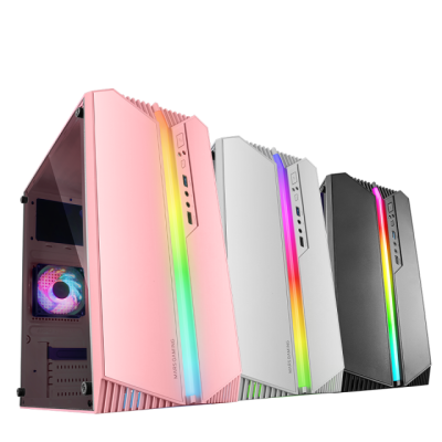 Três caixas de PC para jogos coloridas com painel lateral de vidro e iluminação RGB
