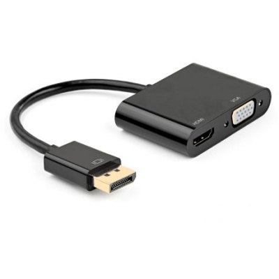 Adaptador DisplayPort para HDMI e VGA preto com cabo curto