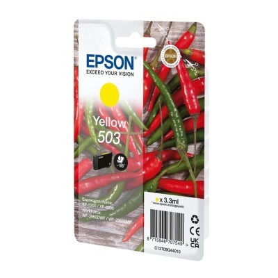 Cartucho de tinta Epson Yellow 503 com pimentos vermelhos e verdes no fundo