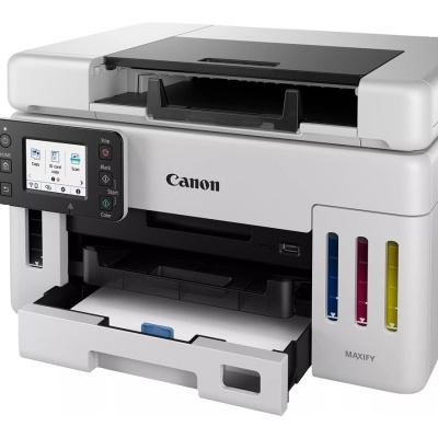 Impressora Canon Maxify multifunções com painel digital e tanques de tinta coloridos