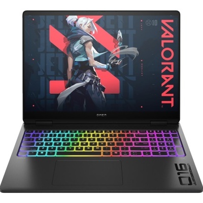 Portátil HP OMEN com teclado RGB e imagem do jogo VALORANT no ecrã