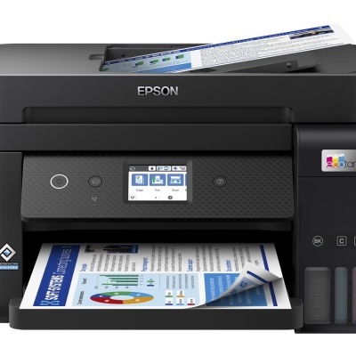 Impressora Epson preta com visor digital e tanque de tinta CMYK