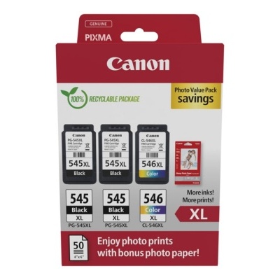Pack de tinteiros Canon PIXMA com 2 pretos 545XL e 1 cor 546XL em embalagem reciclável