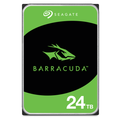 Disco rígido Seagate Barracuda 24 TB com rótulo verde e preto