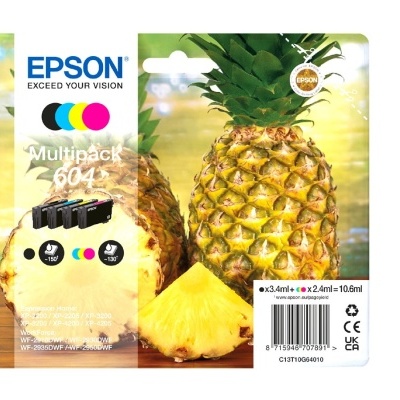 Embalagem de cartucho de tinta Epson Multipack 604X com abacaxis ao fundo