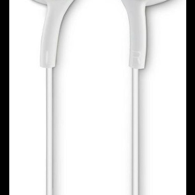 Auriculares brancos com detalhes metálicos prateados e cabos brancos