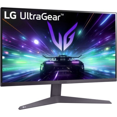Monitor LG UltraGear preto mostrando imagem de carro futurista iluminado em roxo e verde