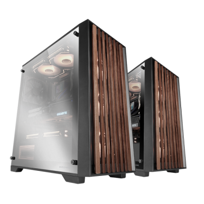 Dois computadores desktop com gabinetes em vidro temperado e painéis frontais em madeira castanha