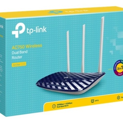 Caixa de roteador TP-Link AC750 Dual Band com imagem do produto e texto