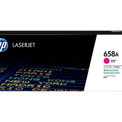 Caixa de toner HP LaserJet 658A magenta com design preto e branco