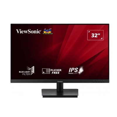 Monitor ViewSonic preto 32 polegadas com texto técnico no ecrã