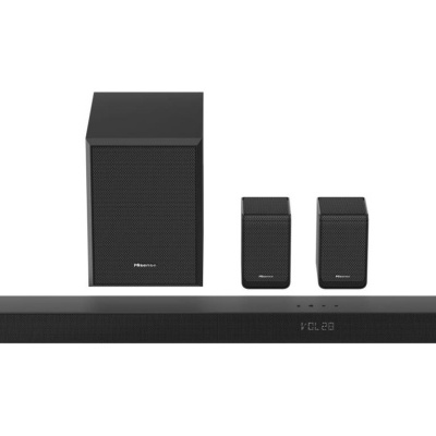 Conjunto preto de barra de som com subwoofer e dois altifalantes satélite