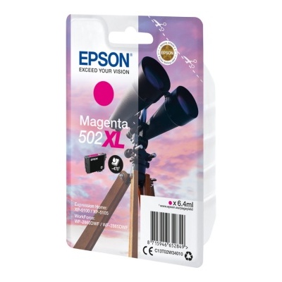 Tinteiro Epson Magenta 502XL com embalagem mostrando telescópio e céu ao pôr do sol