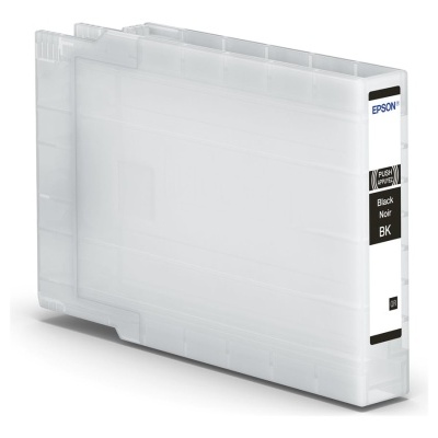 Tinteiro preto Epson de impressora com etiqueta branca em fundo branco