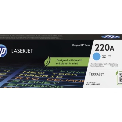Cartucho toner HP LaserJet 220A ciano em embalagem preta