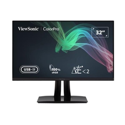 Monitor ViewSonic ColorPro 32 polegadas preto com base preta e texto no ecrã