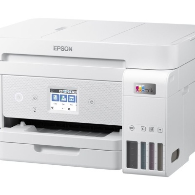 Impressora Epson multifunções branca com visor digital e depósito de tinta visível