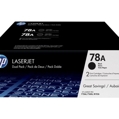 Embalagem dupla de toner HP LaserJet 78A em preto, com texto em inglês e francês, fundo preto e azul.