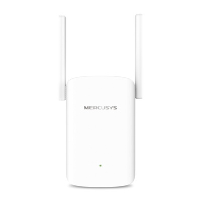 Repetidor Wi-Fi branco MERCUSYS com duas antenas verticais e LED verde