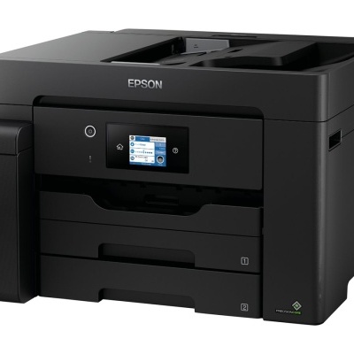 Impressora multifunções preta EPSON com visor digital e compartimento para tinteiros