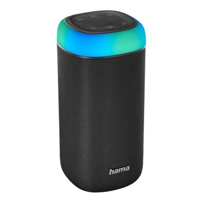 Coluna portátil preta com iluminação colorida no topo