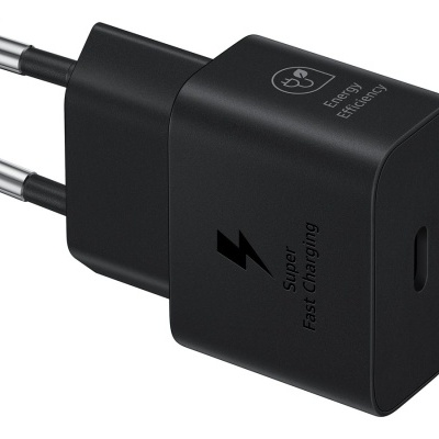 Carregador de parede preto com texto e ícone de relâmpago