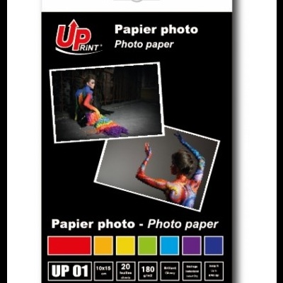 Caixa preta de papel fotográfico UP Print com imagens coloridas e especificações do produto