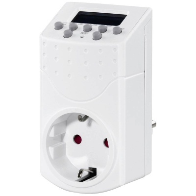 Temporizador elétrico branco com visor digital e botões cinza