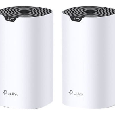 Dois dispositivos de rede Wi-Fi TP-Link Deco brancos com topo preto
