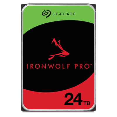Disco rígido Seagate IronWolf Pro 24TB em verde, preto e vermelho