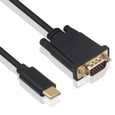 Cabo USB-C para VGA preto com conectores visíveis